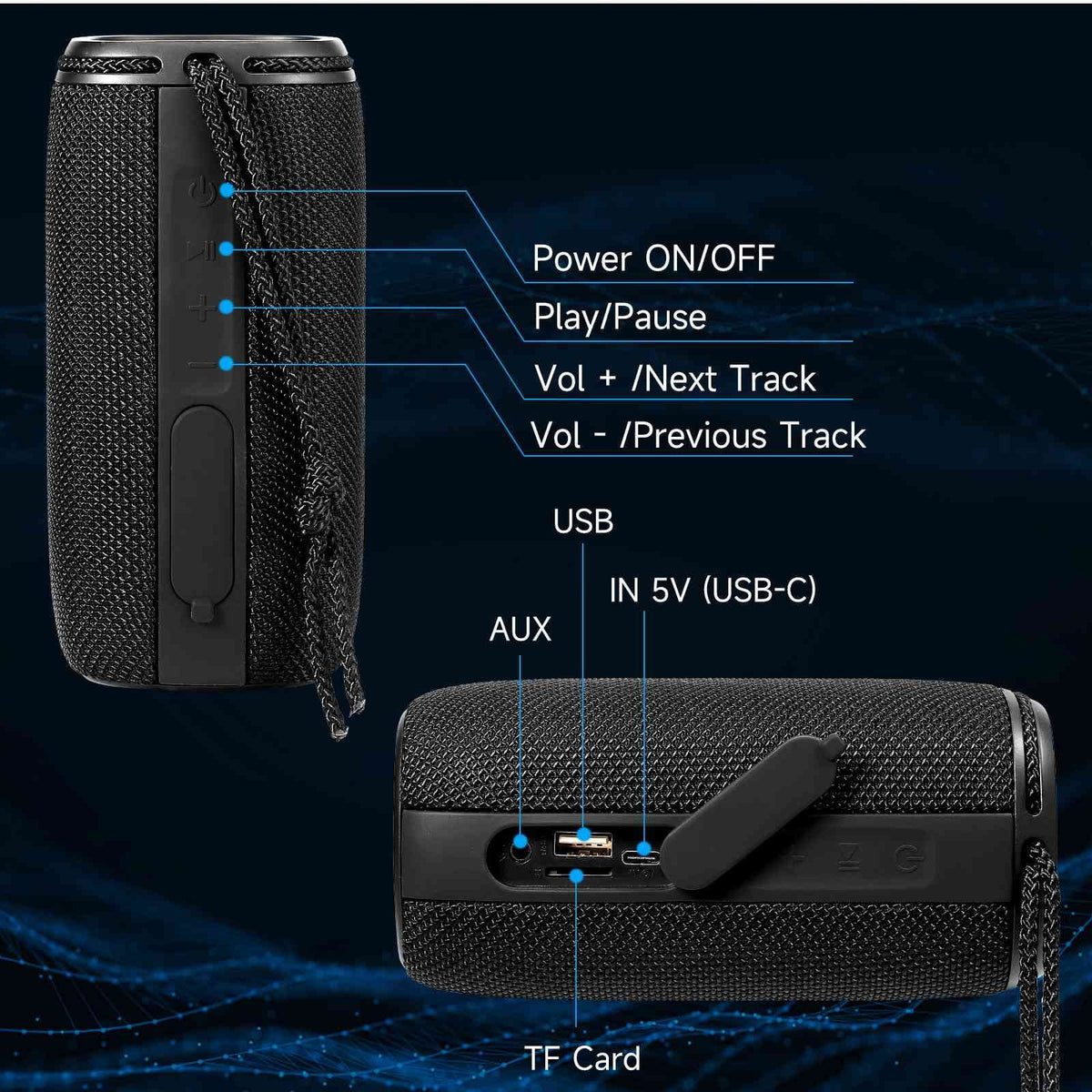UrbanX X808 Bluetooth Speaker, IPX5 Liquid Speakers 360° HD Surround Sound with Punchy Bass, True Wireless Pairing, BT5.3, Portable Speaker for G7 One - Black