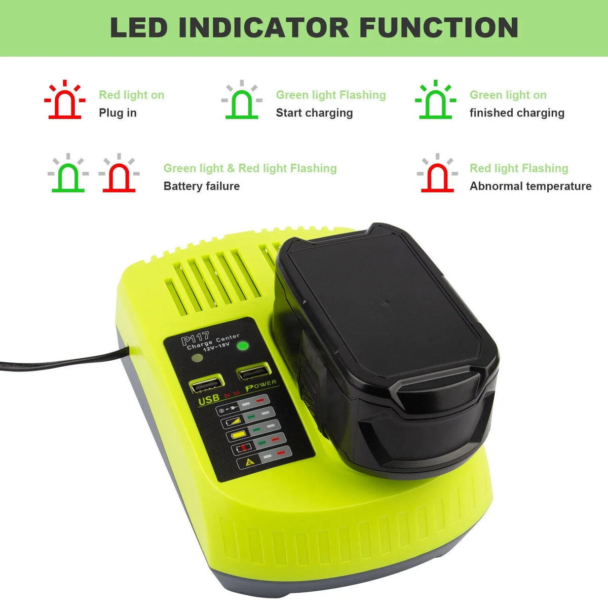 P117 Battery Charger For RYOBI 18V High Capacity 18Volt Lithium-Ion P108 P106 US